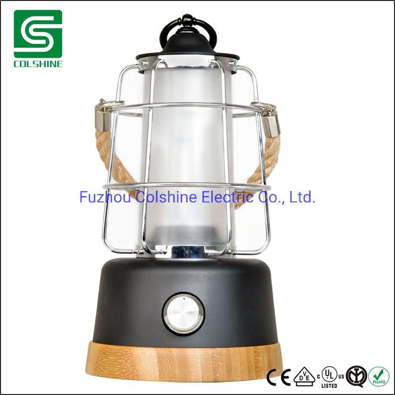 Retro Rechargeable Bamboo Table Lamp Camping lantern with USB Powerbank