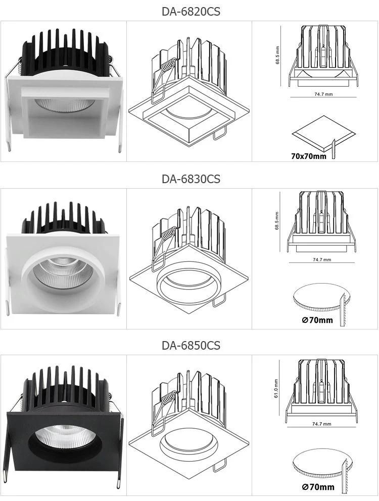 Aluminum Housing Waterproof IP44 4000K Single Head Square CCT COB Dimmable Recessed LED Downlight