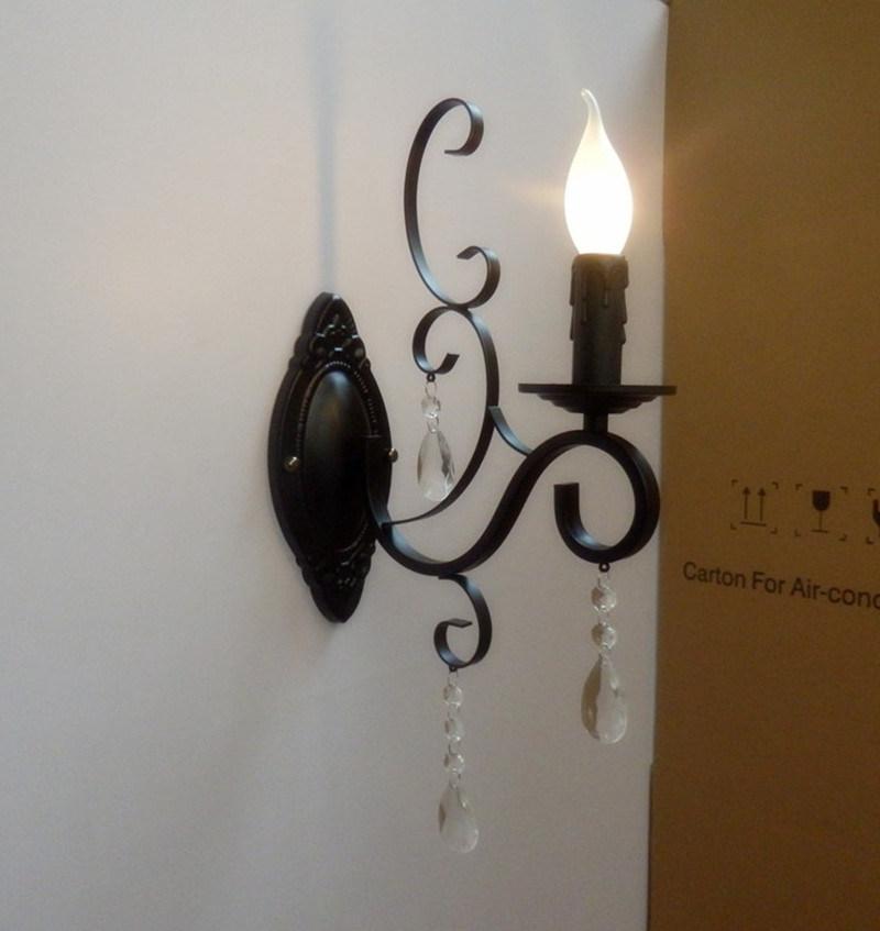 Classic Vintage Candle Wall Light Black Wrought Iron Body Crystal Deco Wall Mount Light (WH-VR-99)