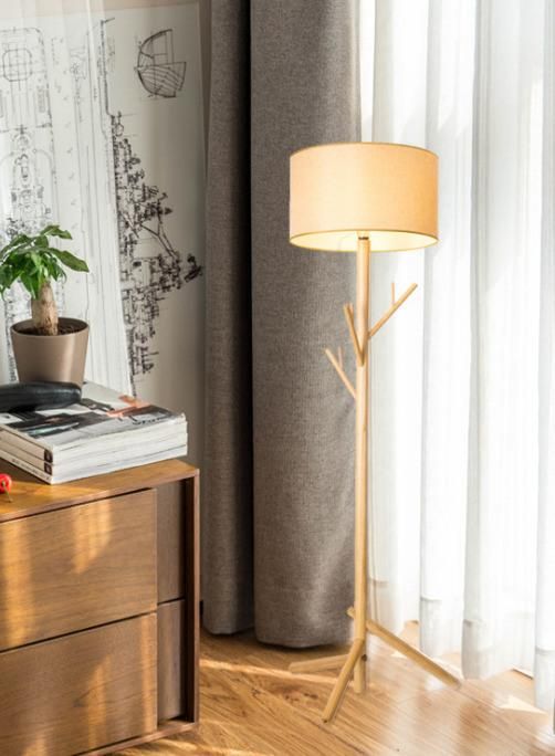 Home Lighting Fabric Shade Wooden Standing Floor Tripod Floor Light Lamp