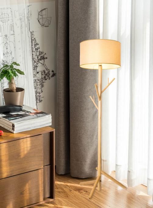 Home Lighting Fabric Shade Wooden Standing Floor Tripod Floor Light Lamp