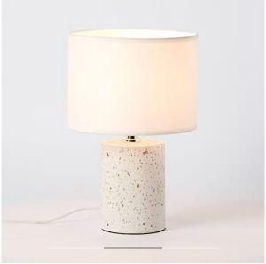 Bedside Terrazzo Table Lamp with Switch Plug Cord and Linen Cotton Lampshade
