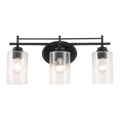 3 Light Matte Black Bathroom Vanity Light Fixtures with Seeded Glass