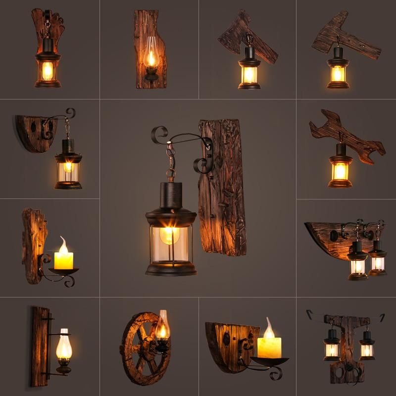 Amazon Hot Sale Indoor Cafe Iron Retro Wall Mounted Metal Wood Bar Lamp LED Loft Rustic Vintage Industrial Wooden Wall Lights