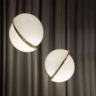 Modern Style Globe White Acrylic Shade LED Hanging Pendant Light with Brass Color Finished