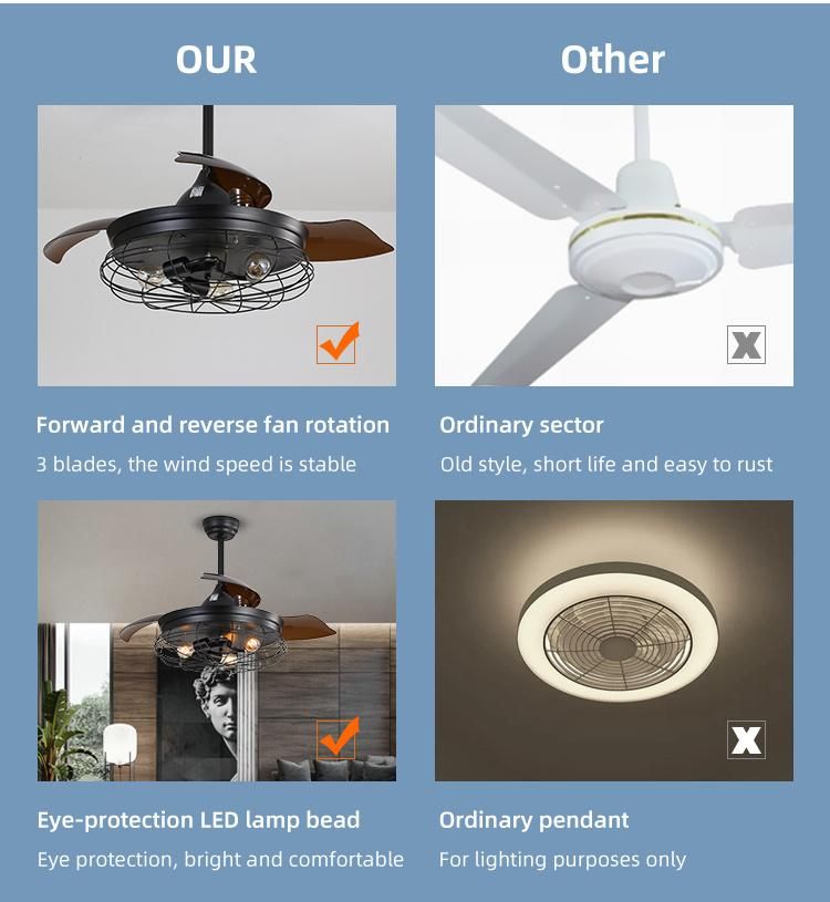 Modern Remote Control Invisible 4 Blade Retractable Ceiling Fans with Light for Kitchen Living Room