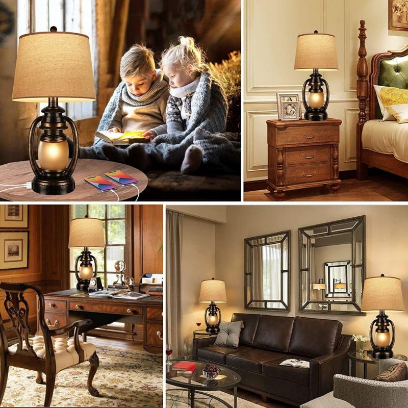 Farmhouse Bedside Table Lamps for Living Room Set of 2 Oatmeal Tapered Drum Shade Rustic Bedroom Nightstand Lamps with 2 USB Port and Outlet