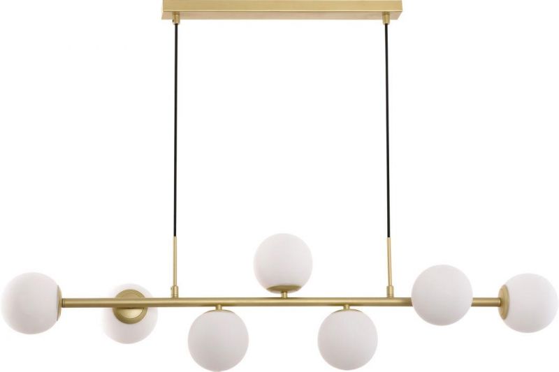 Globe Linear Chandelier 7-Light Hanging Pendant Light Fixtures MID Century Modern Ceiling Lamp for Living Room Dining Room Kitchen (Opal Glass & Painted Brass)