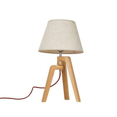 Beige Lien Shade Bedside Nightstand Light Solid Wood Base, Convenient Pull Chain Table Desk Lamp