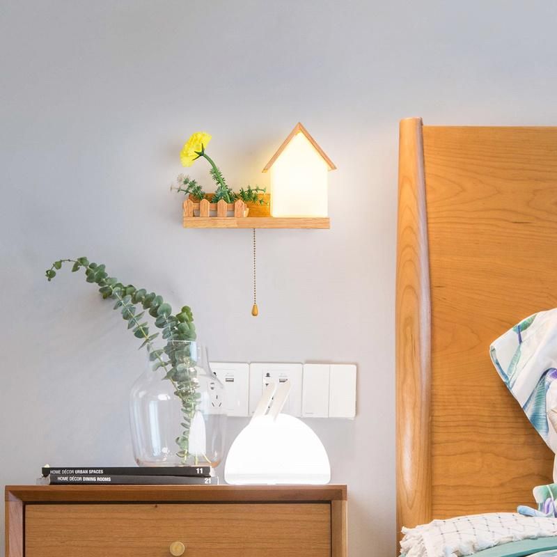 Solid Wood LED Bedroom Light with Switch, Living Room Wall Light