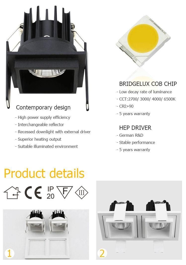 Hotel Project Square Trimless Frame Anti Glare COB SMD Dimmable Recessed Ceiling LED Lamp Downlight