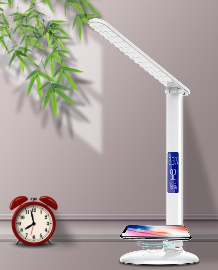 3 Color Adjust Wireless Charging LED Table Reading Lamp Folding Wireless Charger Desk Lamp with Clock/Temperature/Calendar